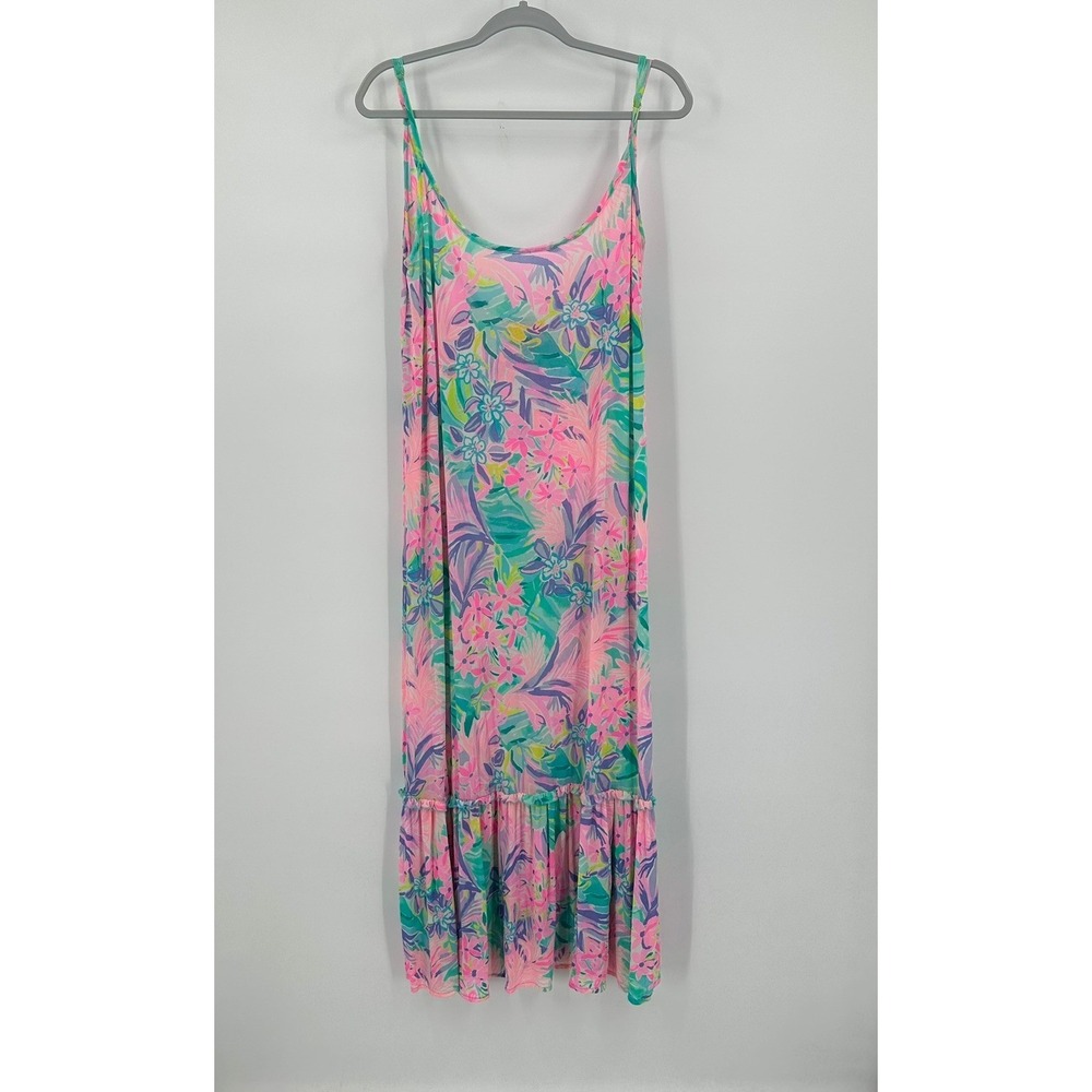 Lilly Pulitzer Womens Colorful Floral Mesh Tiered Maxi Dress Size XL Resort Pink